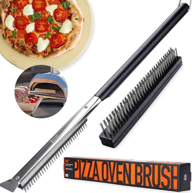OUII 26'' Pizza Oven Brush with Stone Scraper - Includes 2 Brush Heads, Heat-Resistant Silver Stainless Steel Bristles - Long Grip Handle, Compatible with Ooni, Gozney, Blackstone, Solo Stove Ovens - Image 1